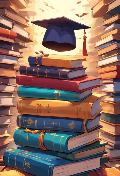 A close-up image showcasing a graduation cap placed on top of a pile of books, symbolizing the culmination of education and the acquisition of knowledge, representing the concept of lifelong learning