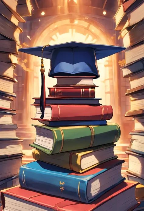 A close-up image showcasing a graduation cap placed on top of a pile of books, symbolizing the culmination of education and the acquisition of knowledge, representing the concept of lifelong learning