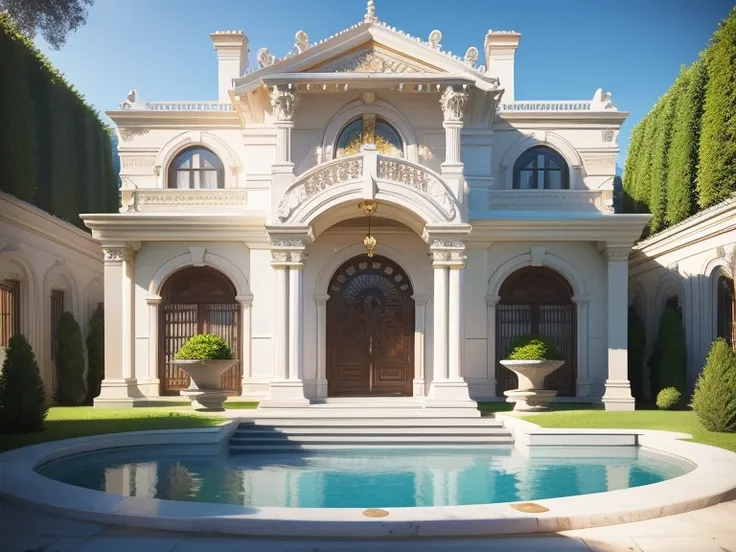 villa avec jardin, avec piscine, neoclassical style gardenClassic style, chef-d&#39;artwork, surrealist, rendu par vray 2023, Avantage, rendu 8k, 16k, Ultra HD, patterned iron railing, wooden doors and windows, natural light, nuageux, day light, fence arou...