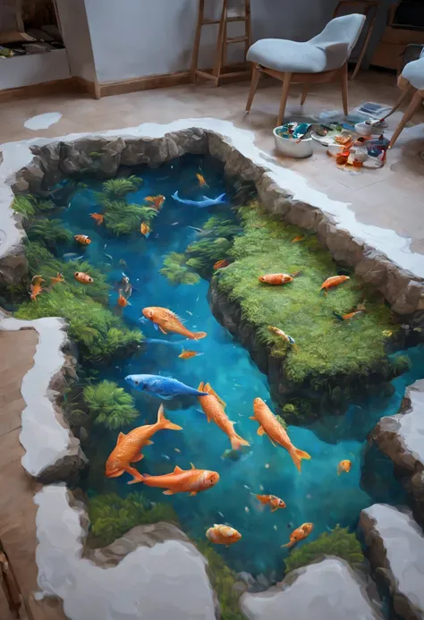 (3D painting:1.5) river with fishes anamorphosis in floor in the room. Cinematic lighting, vivid colors, Miki Asai Macro photography, close-up, hyper detailed, trending on artstation, sharp focus, studio photo, intricate details, highly detailed, by greg r...