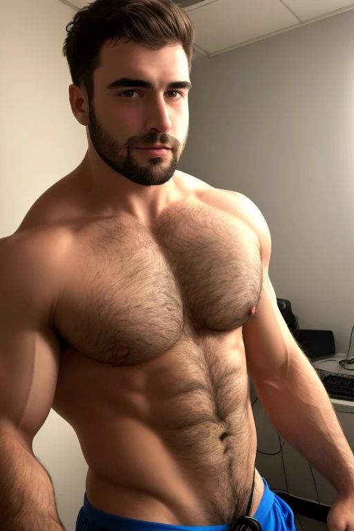 handsome doctor, hospital, stethoscope in neck, cute, muscular, hairy(stocky), dadbody, hairy chest, hairy arms