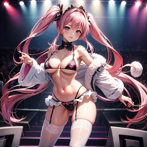 highest quality, masterpiece, pink hair、twin tails、big breasts、tits、micro bikini、exposed、Slut、Thighhighs、live stage、audience