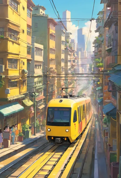 A high-resolution image showcasing a sleek yellow train speeding along the electric railway, with a blurred background of the bustling cityscape, capturing the dynamic and fast-paced nature of urban transportation