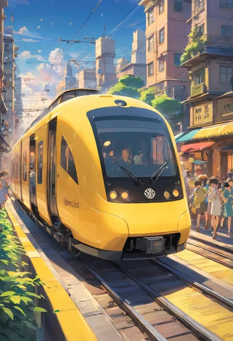 A high-resolution image showcasing a sleek yellow train speeding along the electric railway, with a blurred background of the bustling cityscape, capturing the dynamic and fast-paced nature of urban transportation