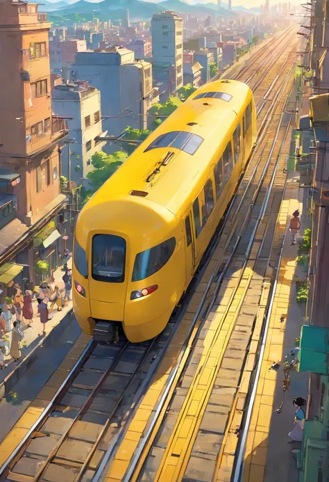 A high-resolution image showcasing a sleek yellow train speeding along the electric railway, with a blurred background of the bustling cityscape, capturing the dynamic and fast-paced nature of urban transportation