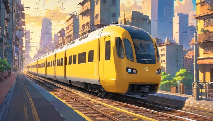 A high-resolution image showcasing a sleek yellow train speeding along the electric railway, with a blurred background of the bustling cityscape, capturing the dynamic and fast-paced nature of urban transportation