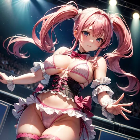 highest quality, masterpiece, pink hair、twin tails、big breasts、tits、micro bikini、exposed、Slut、Thighhighs、shyness、live stage、audience