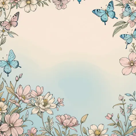 Wallpaper with varied flowers, in pastel, blue, pink and beige tones. In the image put butterflies. The background of the image must be white.