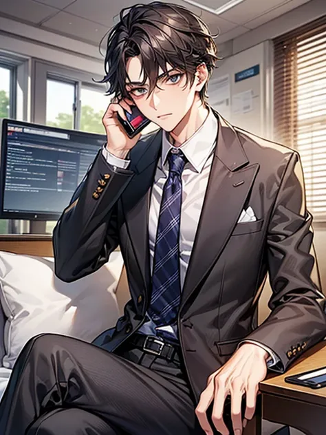 A handsome boy, 20 years old, sitting on a luxury sofa in the office, behind a floor-to-ceiling window, a serious face, medium hair, wearing a black suit and shirt, holding a mobile phone in his hand to make a call