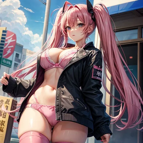 highest quality, masterpiece, pink hair、twin tails、big breasts、tits、In underwear、bra、pants、exposed、Slut、Thighhighs、long coat、take off clothes、convenience store