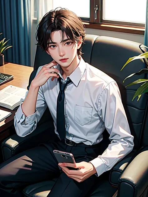 A handsome boy, 20 years old, sitting on a luxury sofa in the office, behind a floor-to-ceiling window, a serious face, medium hair, wearing a black suit and shirt, holding a mobile phone in his hand to make a call