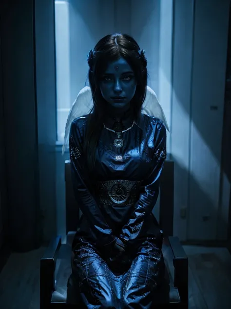 Lilith, angelic, with blue scifi makeup sitting on throne, staring looking indifferent, dark demonic room, vrigo quality