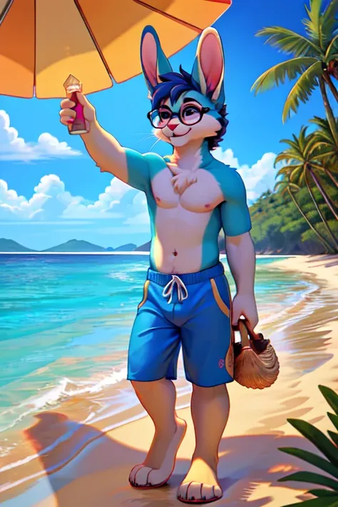 (best quality,4k,highres,masterpiece:1.2),ultra-detailed,(realistic:1.37)
anthropomorphic rabbit with detailed blue fur, at the beautiful sunny beach, male,
wearing stylish swim trunks and trendy glasses, 
with adorable, expressive, and detailed eyes,
lush...