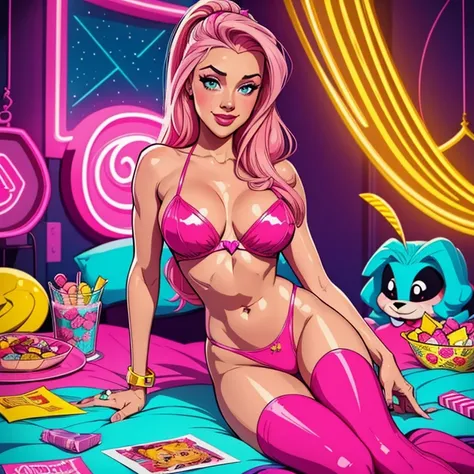 Criação de personagem. girl dressing sexy clodes with candy and sweets. Candy colors, neon colors, pink. Naughty smile. Calcinha pink. Lilly Reinhardt, Sabrina Carpenter. Amber Heard. Ilustration, cartoon, cute girls.