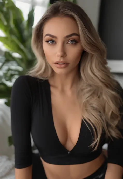 geogous stunning latina woman with black clothes, sexy girl with brown eyes, portrait sophie mudd, blond hair and large eyes, selfie of a young woman, bedroom eyes, violet myers, without makeup, natural makeup, looking directly at the camera, face with art...