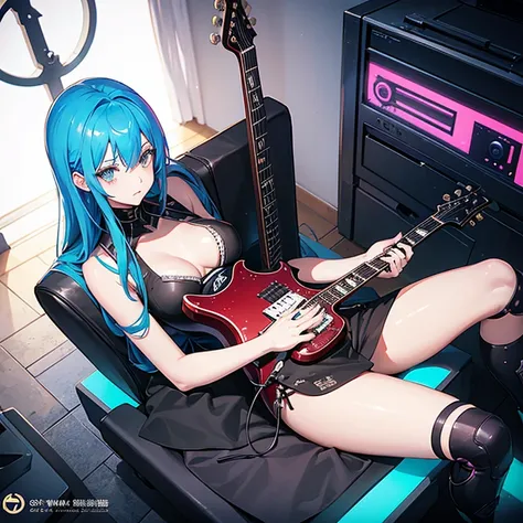 there is a blue hair woman that is laying down on a bed，holding an electric guitar in her lap ( Les Paul guitar), Guviz-style artwork, style of anime4 K, Ross Tran 8 K, Digital cyberpunk anime art, Guweiz in Pixiv ArtStation, Guweiz on ArtStation Pixiv, e ...