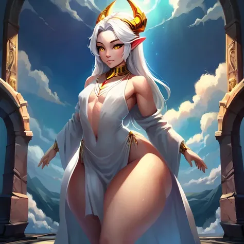 Masterpiece, God, pale skin, long white hair, golden eyes, wide hips, giant thighs, gigantic ass, femboy, androgynous, white robe, beautiful, heavenly background, clouds, sunlight, effeminate face, angelic features