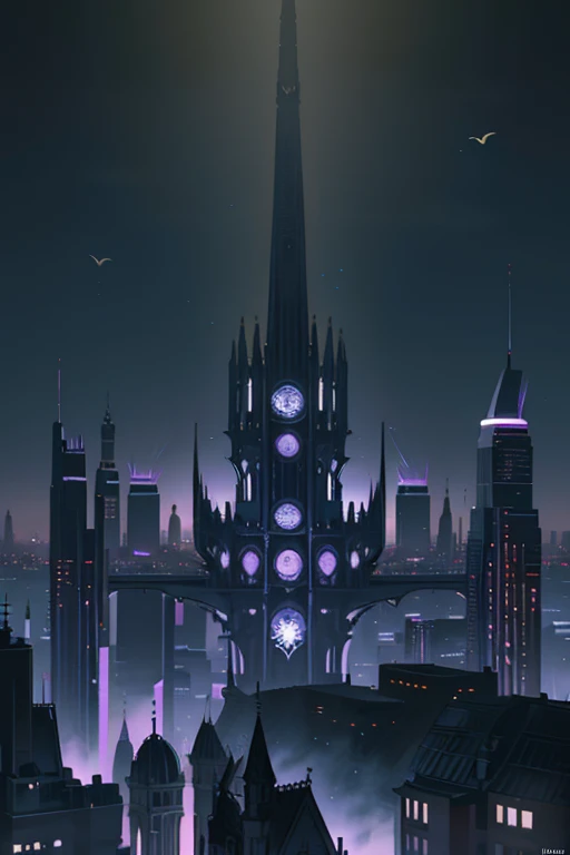 modern city, fantasy city, dark, night, flying building, tall building, historical