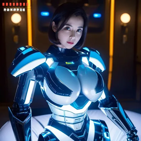 ((highest quality)), ((masterpiece)), (cinematic aesthetic:1.4)
big breastsmature robot、40 year old female、black short bob、Silver metallic robot body、big breasts、ball joint、antenna shaped ears、Blue-white glowing robot eyes、Internal parts are exposed、You ca...