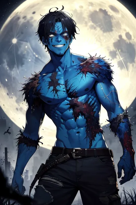 masterpiece, best quality, highres, realistic,1man, zombie,blue skin,scar,muscular,black hair,dirty face,dirty,full moon, evil smile,torn clothes,depth of field,