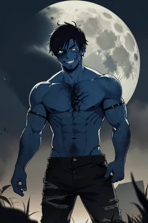 masterpiece, best quality, highres, realistic,1man, zombie,blue skin,scar,muscular,black hair,dirty face,dirty,full moon, evil smile,torn clothes,depth of field,