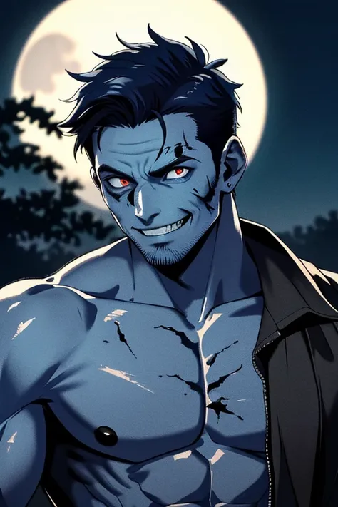 masterpiece, best quality, highres, realistic,1man, zombie,blue skin,scar,muscular,black hair,dirty face,dirty,full moon, evil smile,torn clothes,depth of field,