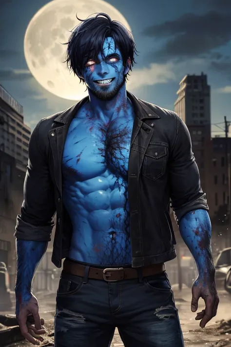 masterpiece, best quality, highres, realistic,1man, zombie,blue skin,scar,muscular,black hair,dirty face,dirty,full moon, evil smile,torn clothes,depth of field,