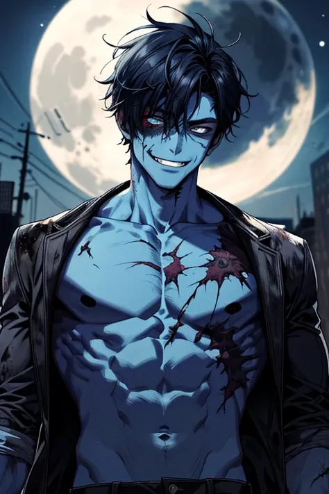 masterpiece, best quality, highres, realistic,1man, zombie,blue skin,scar,muscular,black hair,dirty face,dirty,full moon, evil smile,torn clothes,depth of field,