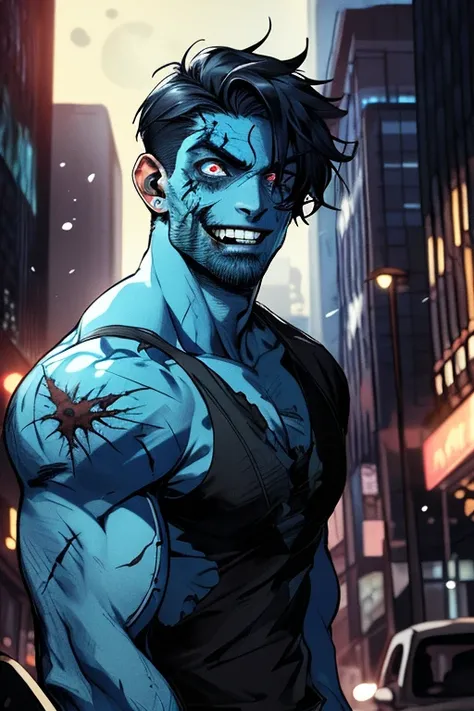 masterpiece, best quality, highres, realistic,1man, zombie,blue skin,scar,muscular,black hair,dirty face,dirty,full moon, evil smile,torn clothes,depth of field,