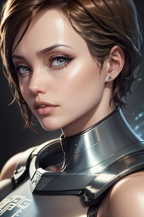 (best quality,8k:1.2,high resolution:1.2),ultra-detalhado,Realistic,retro science fiction female superhero,short hair,rosto extremamente detalhados,long eyelashes,shiny metalic chrome armor, Apertado,gloves,Physically-based rendering,foco nítido,white stud...