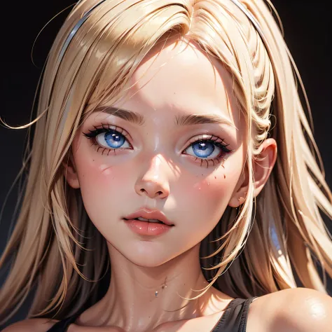 blonde hair, eyelashes, hair over one eye, blue eyes, ultra-detailed, high quality, highres, absurdres, best quality, best quality, long hair, bright pupils, pink lips, extremely detailed, ahegao, detailed face, tongue out, shiny eyes, birght eyes