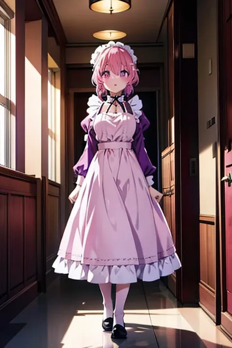 a pink haired woman with violet eyes is wearing a maid's outfit in hallway