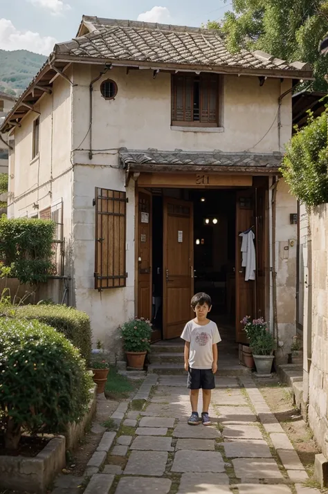 make a image of a10 year old boy in a beautiful village with his parents in anime style