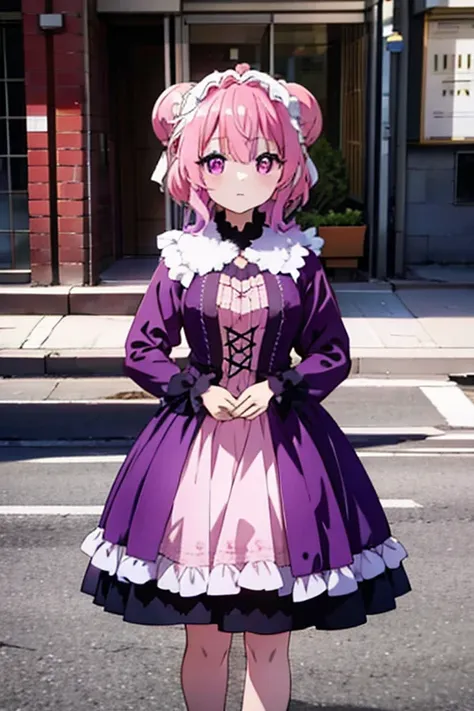 a pink haired woman with violet eyes is posing for a fashion magazine in a lolita dress