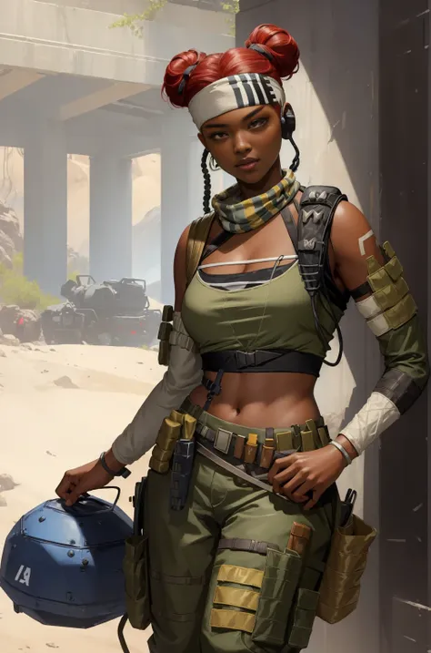 (masterpiece:1.4), (best quality:1.2), lifeline \(apex legends\), 1girl, dark-skinned female, crop top, detached sleeves, headba...