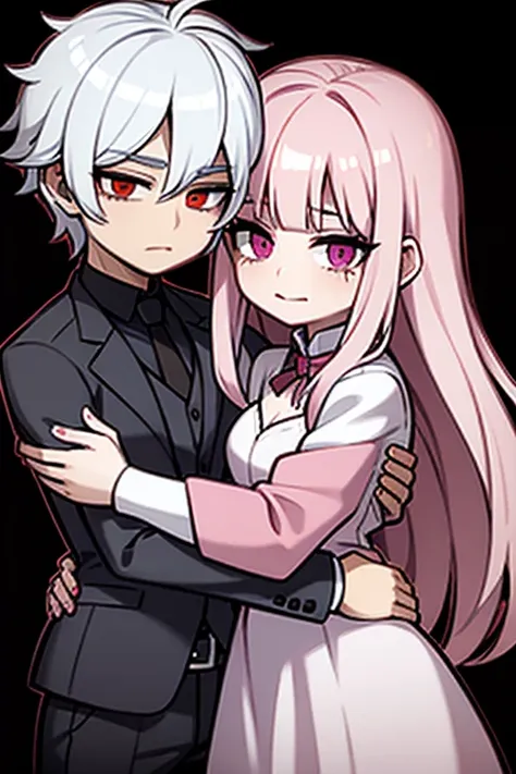 A pink haired woman with violet eyes is hugging a white haired man with red eyes with loving gazes in a cemetery in Gothic Clothing.
