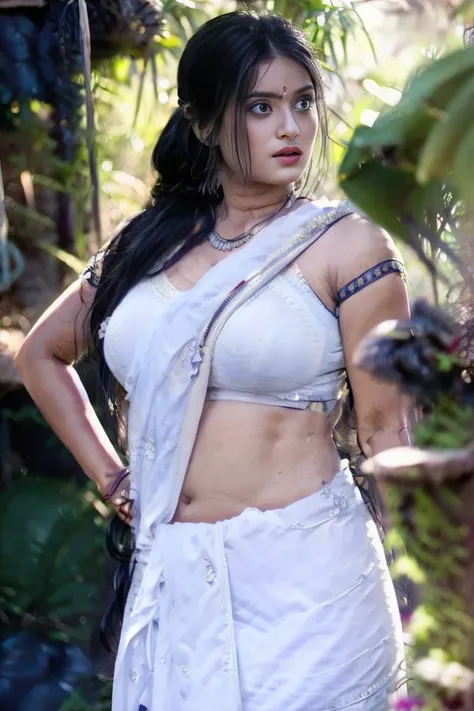 Young indian woman is wearing a full saree, village forest hut, detailed body and face, big bright eyes, charming, sexy, perfect anatomy, braid hair, detailed background, 8k