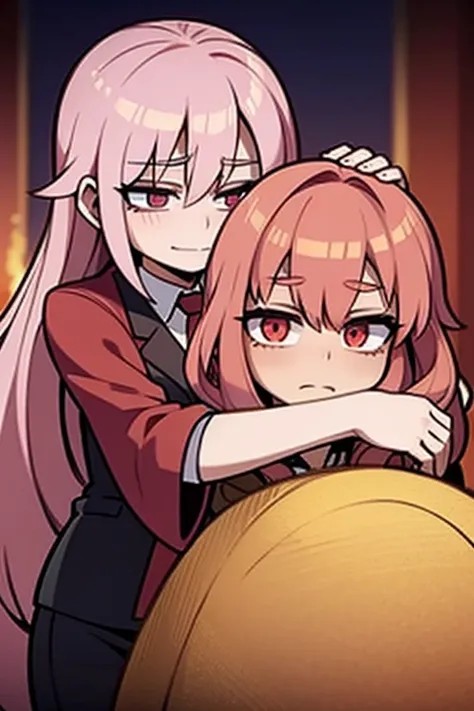 A pink haired woman with violet eyes is hugging a red haired woman with red eyes with loving gazes in a cemetery in front of a fireplace
