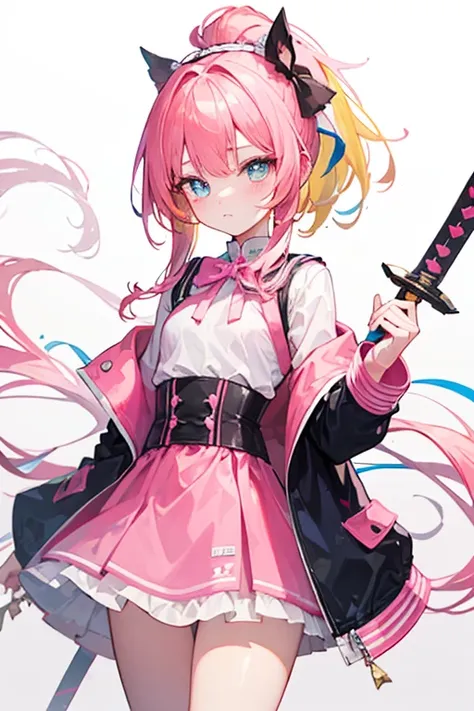 Long light orange hair，Pink bow，Fairy braids，nurses uniform，The hands are slightly blue，White figure eight bangs，Fairies in soft clothes flutter blue and white yarn，She is a fairy-like sword repair girl，Has pink and yellow hair，High ponytail，Jacket school ...