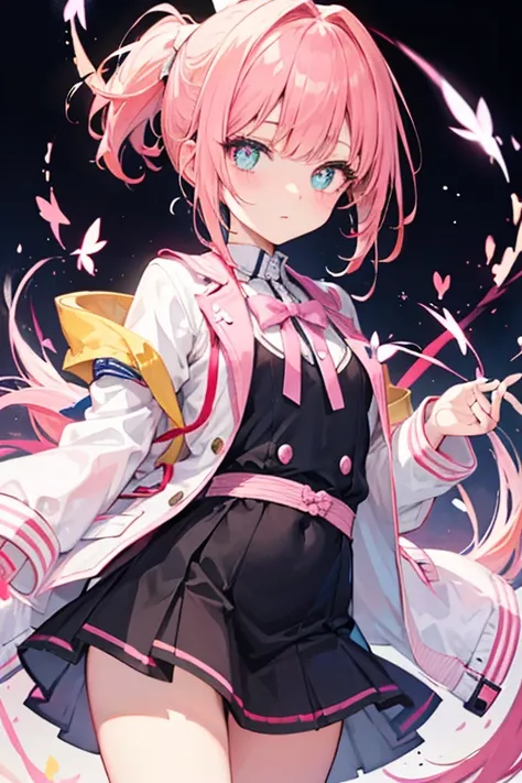 (big ), Long light orange hair，Pink bow，Fairy braids，nurses uniform，The hands are slightly blue，White figure eight bangs，Fairies in soft clothes flutter blue and white yarn，She is a fairy-like sword repair girl，Has pink and yellow hair，High ponytail，Jacket...