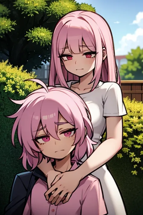 A pink haired woman with violet eyes is hugging a white haired man with red eyes from behind in a garden in a nice dress
