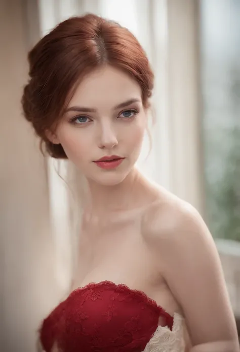 girl with reddish-brown hair, ojos azules, hermoso, cuerpo completo, small breasts, vistiendo un vestido corto rojo con medias de red, tacones altos, pintalabios rojo, cuerpo completo from head to feet