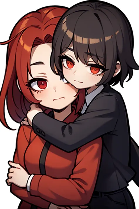 a black haired woman with brown eyes is hugging a red haired woman with red eyes from behind in the park