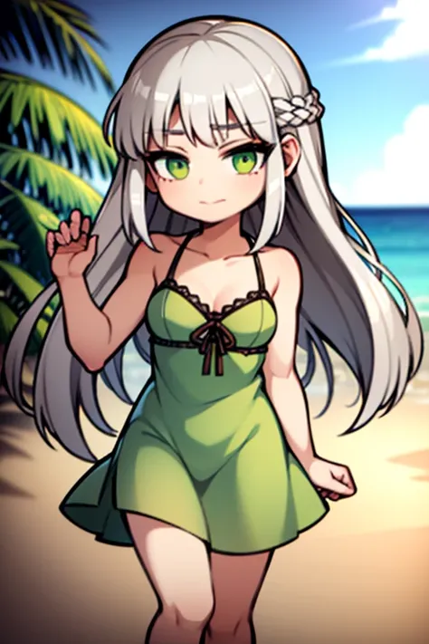 A young silver haired woman with green eyes is wearing a green summer dress on the beach