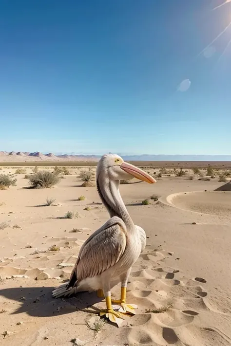 create an ultra-realistic pelican bird in a desert, with arid, dry and cracked land. the scorching sun, and with a frontal view of the pelican so that you can see it and the horizon line and the sky hight blue, and without mountains on the horizon. the pel...