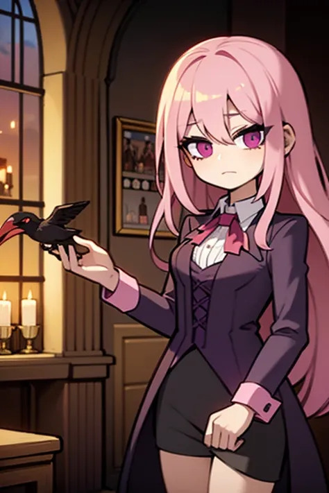 A pink haired woman with violet eyes is holding a raven in a gothic library