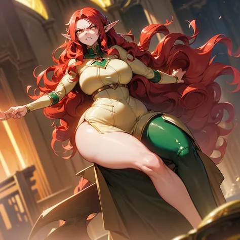 (((I want an elf woman alone, Fair skin, long red wavy hair, completely yellow eyes, medium curvy body, Wearing a suit, and being angry)))