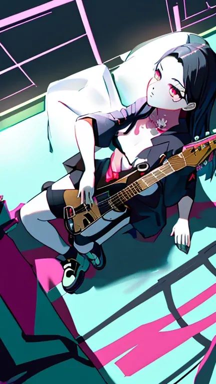 there is a woman that is laying down on a bed，holding an guitar, Guviz-style artwork, style of anime4 K, Ross Tran 8 K, Digital cyberpunk anime art, Guweiz in Pixiv ArtStation, Guweiz on ArtStation Pixiv, e - girl, E-Girl, cyberpunk anime girl, Fanart Meil...