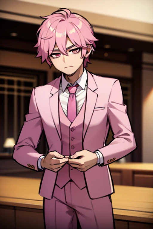 A  handsome pink haired man with violet eyes is wearing a suit in an expensive restaurant