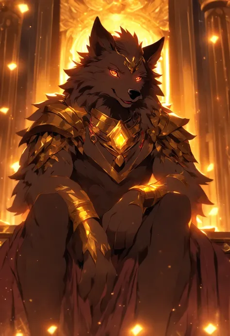 (((anthro furry wolf with gold eyes))) best quality, ultra-high resolution, 4K detailed CG, masterpiece, siting on a royal throne, cinematic, detailed, dramatic lignings, aesthetic , centered on screen, full body, closeup face